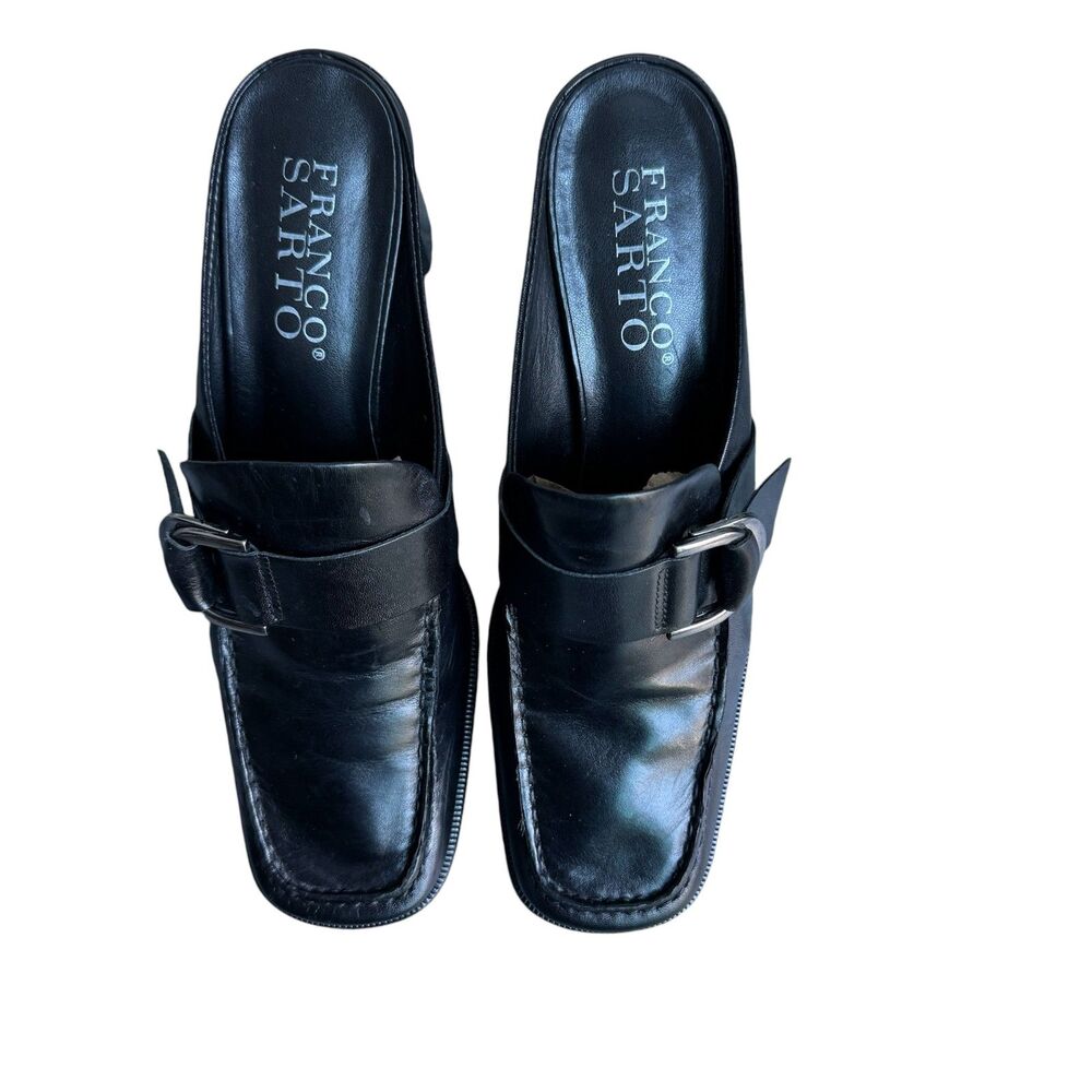 Franco Sarto Black Leather Mule Slip On Block Heel Buckle Career Dark Academia